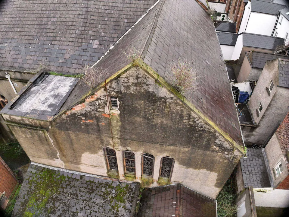 Drone view of the gable and roofs among the East Belfast streets