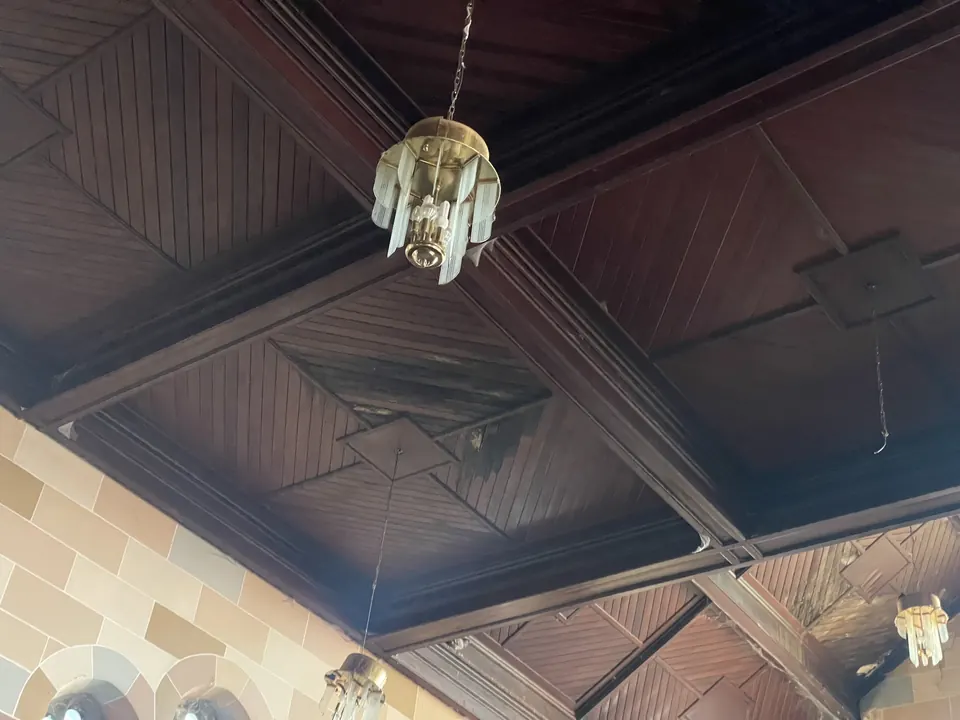 The panelled timber ceiling of the church